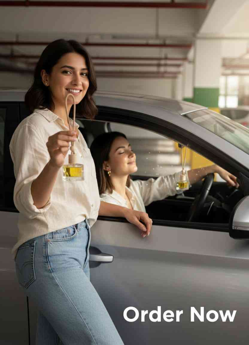 Woman holding a car air freshner with another woman inside a car.