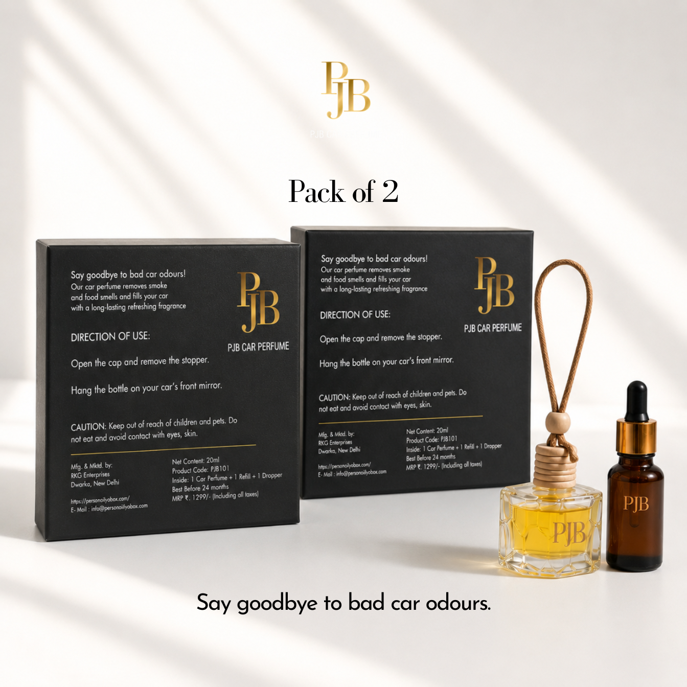 Pack of 2 PJB long lasting car perfume bottles with packaging on a white background