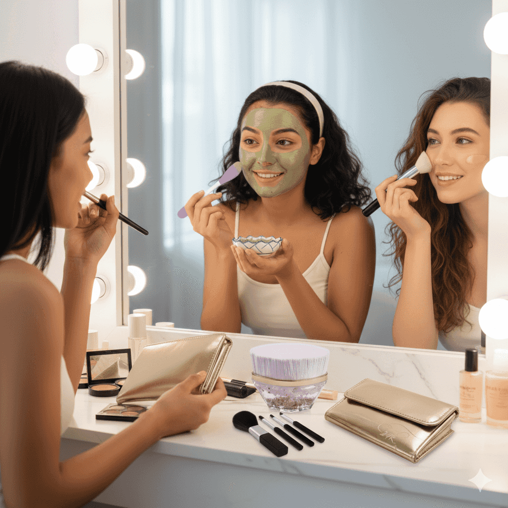 make-up 1 brush +2 Scrubber + 1 pouch of 4 pcs face brush ( combo set )