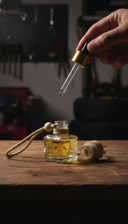 Hand holding a dropper over a perfume bottle on a wooden surface with tools in the background